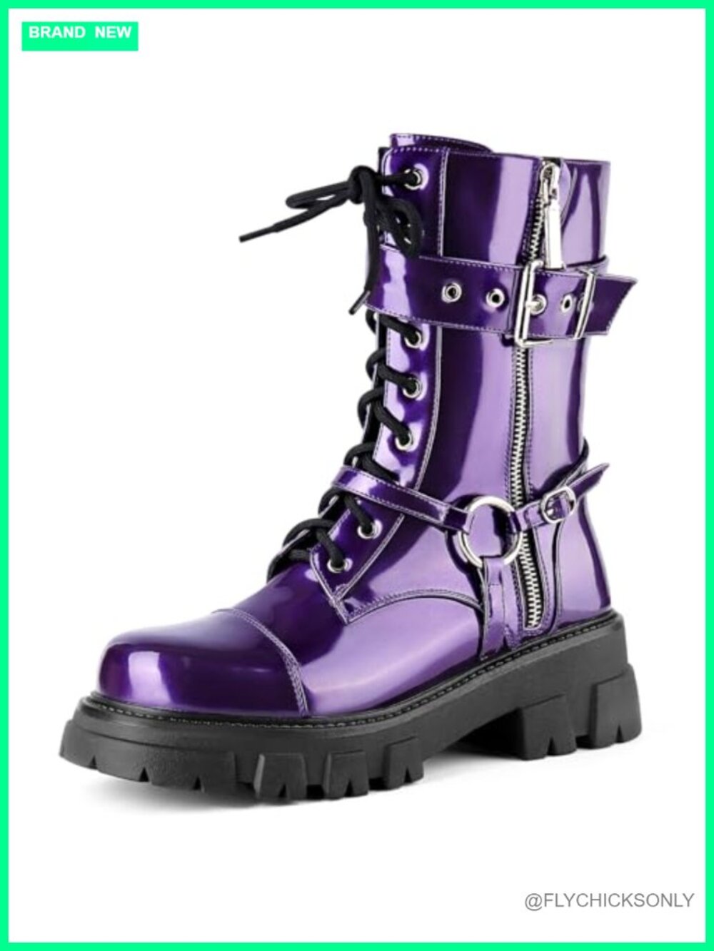 Women Harness Motorcycle Biker Boots Lug Sole Lace Up Zipper Mid Calf Combat